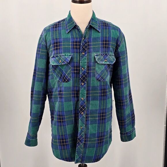 Vintage Outdoor Exchange Quilted Flannel Jacket Men's L Tall Green & Blue Plaid - Picture 2 of 7
